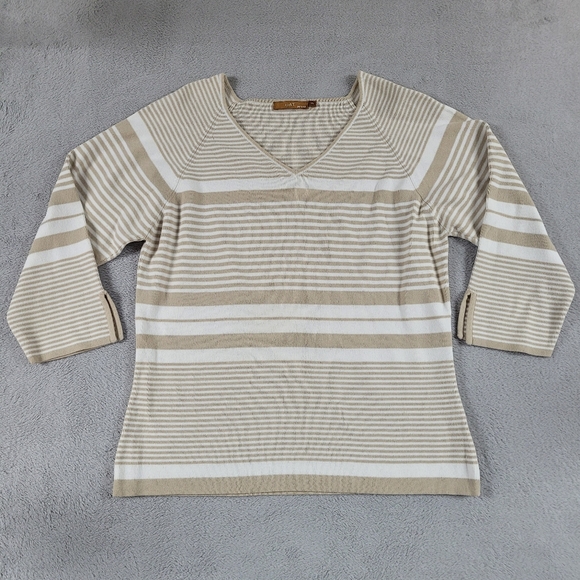 Vintage Sweaters - Vintage Oat Striped Beige and White Women's Sweater